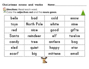 Christmas ABC Order and Identifying Nouns Vs. Adjectives Activity