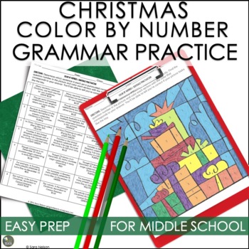 Preview of Christmas Activities for Middle School Color By Number Grammar Practice