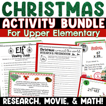 Preview of Christmas Activity Bundle for Grade 4 & Grade 5 - Research, Elf, & Math Fun!