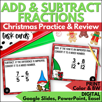 Preview of Christmas Adding & Subtracting Fractions Task Cards - December Practice & Review