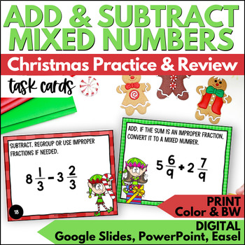 Preview of Christmas Adding & Subtracting Mixed Numbers Task Cards - December Math Practice