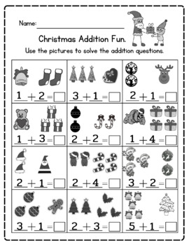 Christmas Addition Fun For Kindergarten Black and White Worksheets.