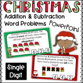 Preview of Christmas Addition and Subtraction Word Problems PowerPoint, Single Digit