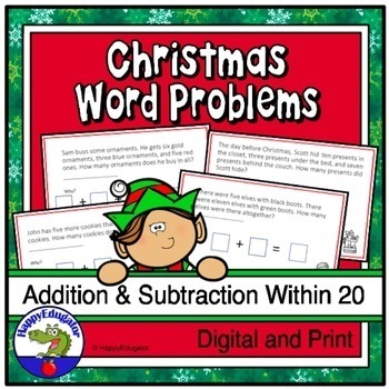 Preview of Christmas Addition and Subtraction within 20 - Word Problem Task Cards or Slides