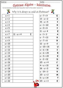 Preview of Christmas Algebra worksheet - Substitution