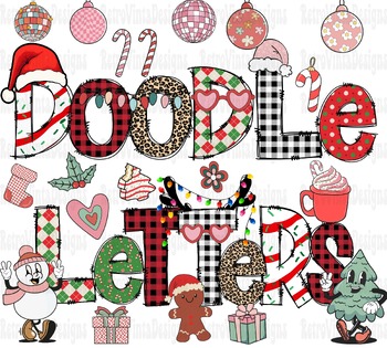 Preview of Christmas Alphabet doodle sets with retro groovy clipart Bundle