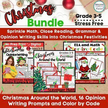 Preview of Christmas Around the Word, Opinion Writing Craft & Math Bundle 3rd 4th 5th Grade