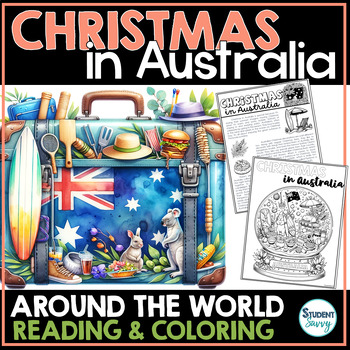 Preview of Christmas Around the World Coloring Sheets Australia Passport Suitcase Reading
