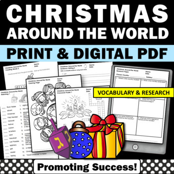 Preview of ELA Christmas Around the World Country Research Project Literacy Centers Packet