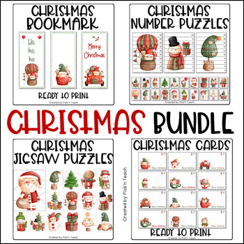 Preview of Christmas BUNDLE - JIGSAW puzzles, NUMBER puzzles, Xmas cards and bookmarks