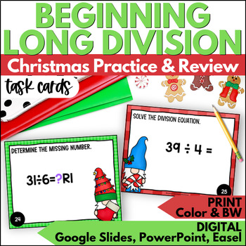Preview of Christmas Beginning Long Division Task Cards - December Math Practice and Review