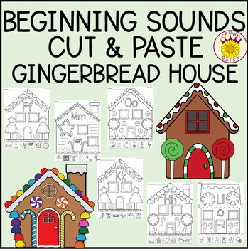 Preview of Christmas Beginning Sounds Cut and Paste Worksheets Gingerbread House Theme