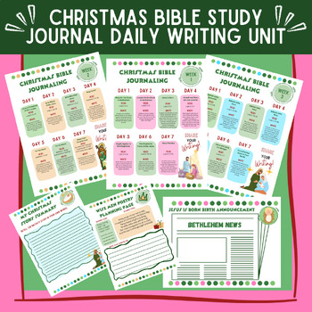 Preview of Christmas Bible Journaling Writing Prompts 3 Week Writing Unit Plan Homeschool