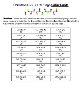 Christmas Bingo - Greatest Common Factor & Least Common Multiple