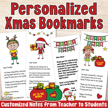 Preview of Christmas Bookmarks Editable Personalized Christmas Gift from Teacher to Student