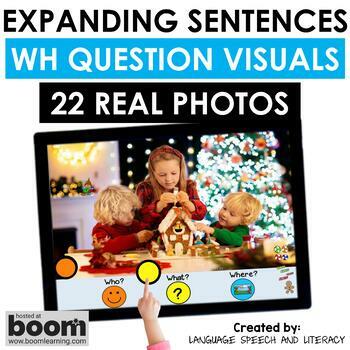 Preview of Christmas Boom Cards Speech Therapy Real Photos and WH Question Visuals