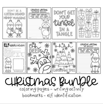 Preview of Christmas Bundle! Coloring pages, Elf ID, Bookmarks, Writing Activity