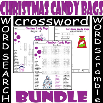 Christmas Candy Bags WORD SEARCH/SCRAMBLE/CROSSWORD BUNDLE PUZZLES