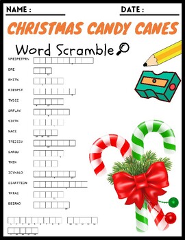 Christmas Candy Canes Word Scramble Puzzle Worksheets Activities For Kids