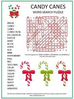 Christmas Candy Canes Word Search Worksheet Puzzle Holiday Activity Game