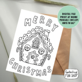 Christmas Card printable coloring, gingerbread house card,