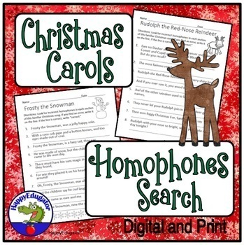 Preview of Christmas Carols Homophones Search Worksheets with Easel Activity