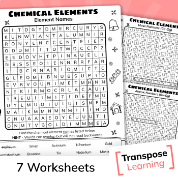 Christmas Chemical Elements Word Searches | Symbols, Mass & Atomic Numbers