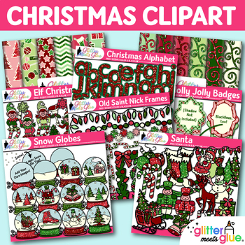 Preview of Christmas Clipart Bundle: Digital Paper, Santa Elf Snow Globe Black & White PNG