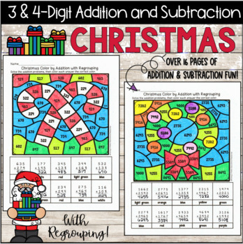 Preview of Christmas Color By 3 & 4-Digit Addition And Subtraction With Regrouping