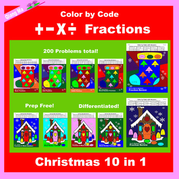 Preview of Christmas Color by Code: Fractions: Add, Subtract, Multiply, and Divide 10 in 1
