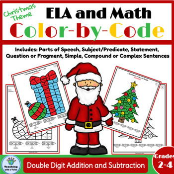 Preview of 6 Christmas Color by Code ELA & Math Review with Parts of Speech 2nd 3rd 4th 5th