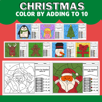 Preview of Christmas Color by Number(Adding to 10) for Kids
