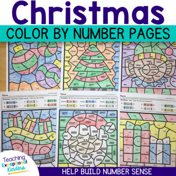 Preview of Christmas Color by Number Kindergarten Math Worksheets