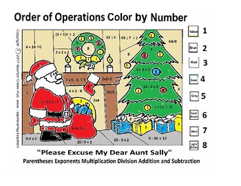 Preview of Christmas Color by Number - Order of Operations -ex. X= (3+1) 4 /2  Gr. 3-8