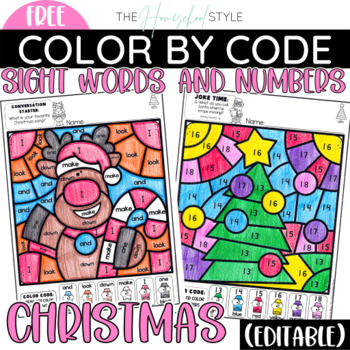 Preview of Christmas Color by Sight Word and Numbers Editable FREEBIE