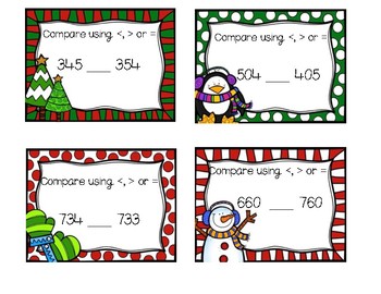 Preview of Christmas Comparing 3 Digit and Skip Counting  Review Task Cards