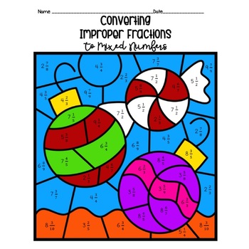christmas converting improper fractions to mixed numbers color by number