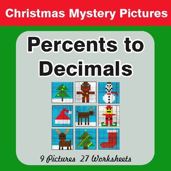 Christmas: Converting Percents to Decimals - Color-By-Number Math Mystery Pictures