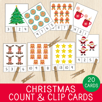 Preview of Christmas Count and Clip Cards, Counting Cards, Numbers 1 - 20, Math Centers