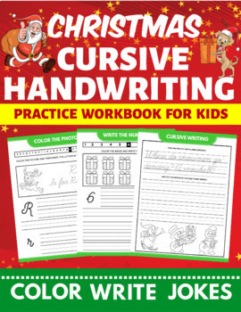 Preview of Christmas Cursive Handwriting Practice Workbook Pages for Kids Color Write Jokes