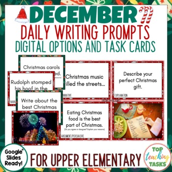 Preview of Christmas Writing Prompts Task Cards and Digital Options | December