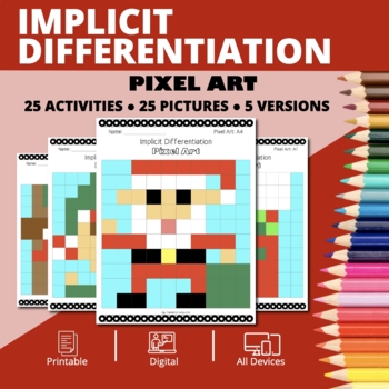 Preview of Christmas: Derivatives Implicit Differentiation Pixel Art Activity