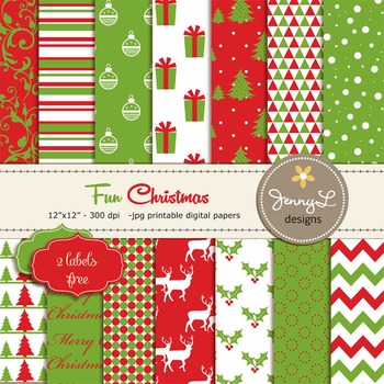 Preview of Christmas Digital Paper, Red and Green Christmas Papers, Poinsettia Digital
