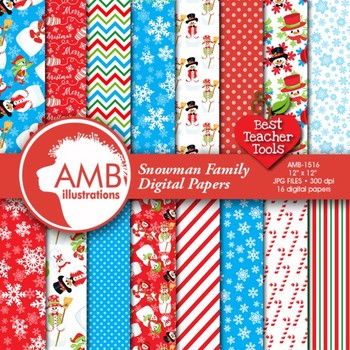 Preview of Christmas Digital Papers, Holiday Backgrounds, Scrapbooking, Snowman AMB-1516