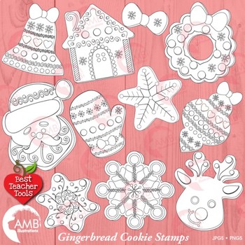 Preview of Christmas Digital Stamps, Gingerbread Cookie Black Line Clipart, AMB-2293