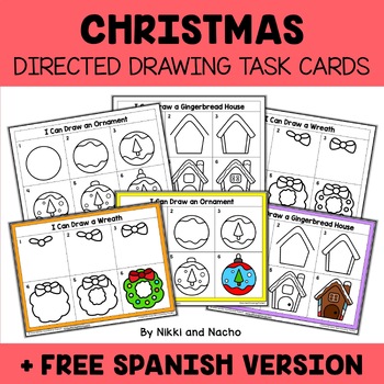 Preview of Christmas Directed Drawing Task Card Activities + FREE Spanish