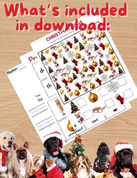 Preview of Christmas Dogs!! I-spy search/Preloaded Voc./ Tracing/Writing/Word Scramble