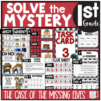 Preview of Christmas ELVES Solve the Mystery Math & ELA Task Card Activity 1st Grade Google