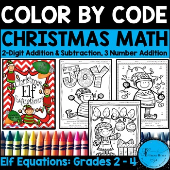 Preview of Christmas 2 Digit Math Color By Number Code Elf Equations Holiday Coloring Pages