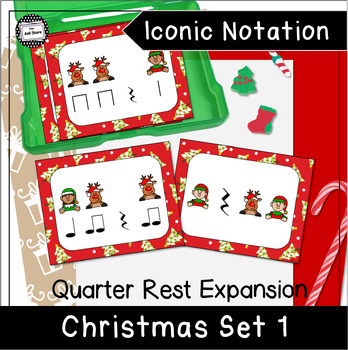 Preview of Christmas Elf Reindeer Pre Rhythm Iconic Notation Cards Set 1 Quarter Rests